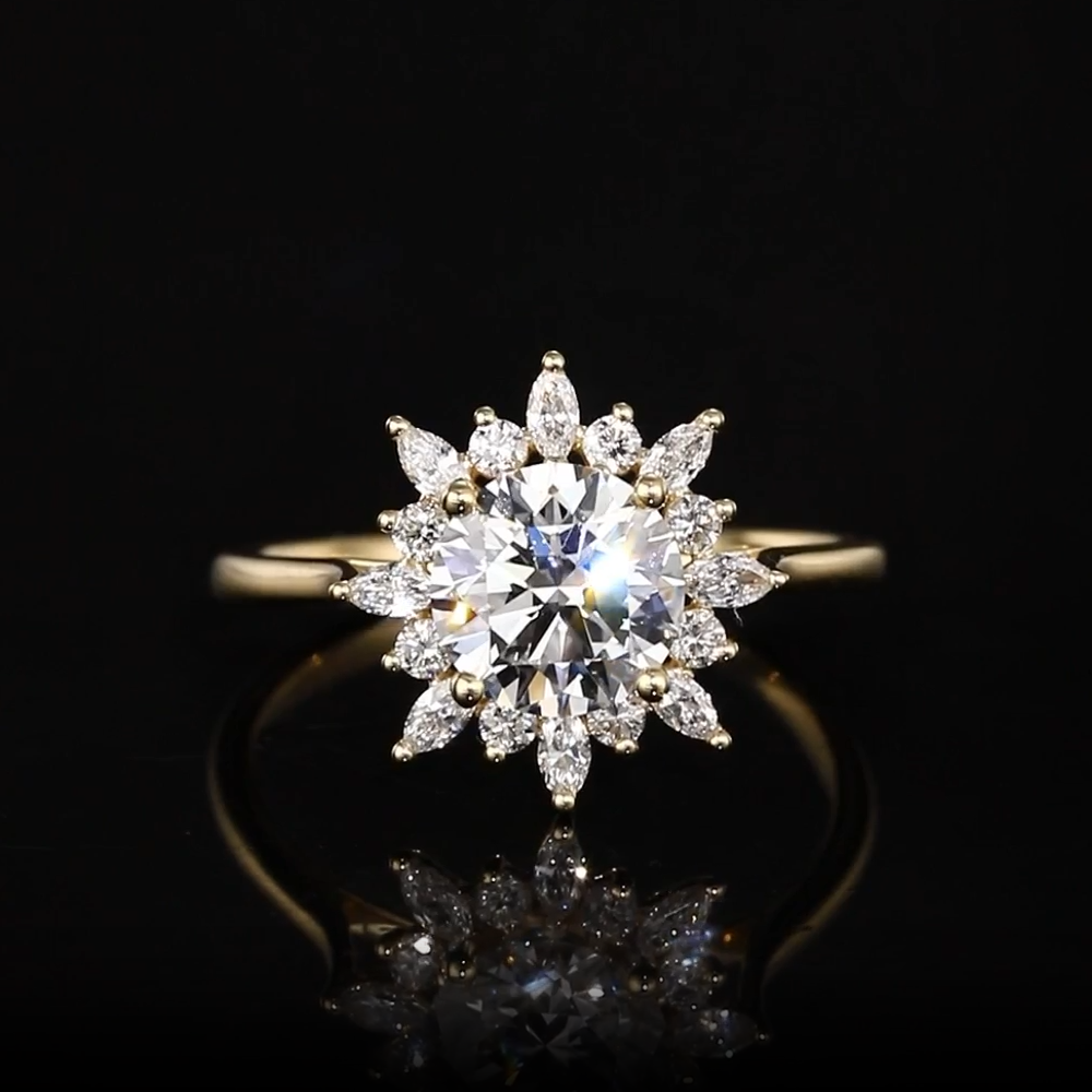 1ct Round Cut Lab Grown Diamond Sunburst Halo Engagement Ring in Rose Gold
