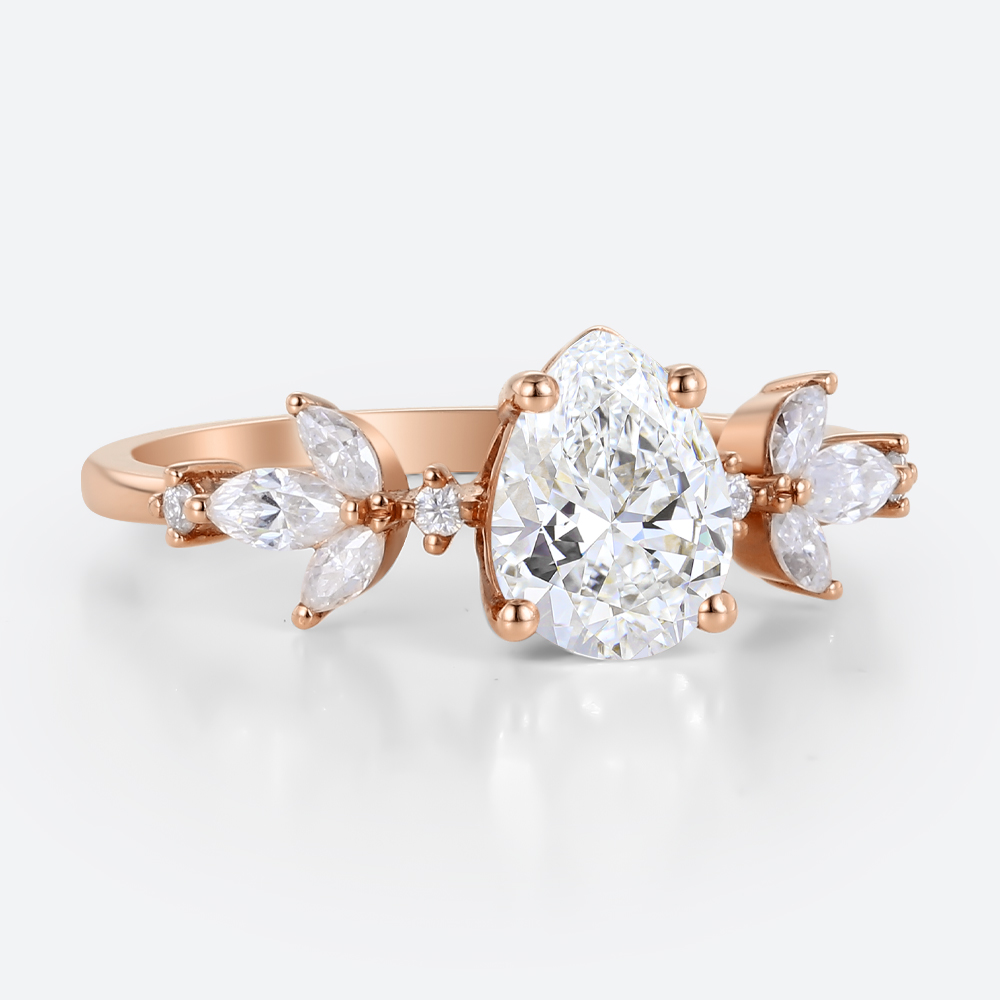 1ct Pear Cut Lab Grown Diamond Dainty Marquise Accent Engagement Ring in Rose Gold