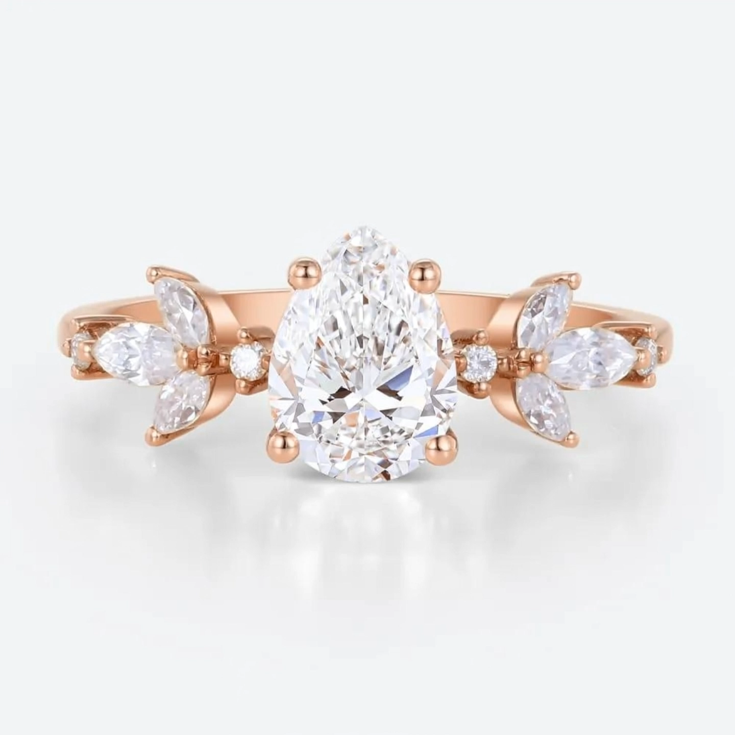 1ct Pear Cut Lab Grown Diamond Dainty Marquise Accent Engagement Ring in Rose Gold