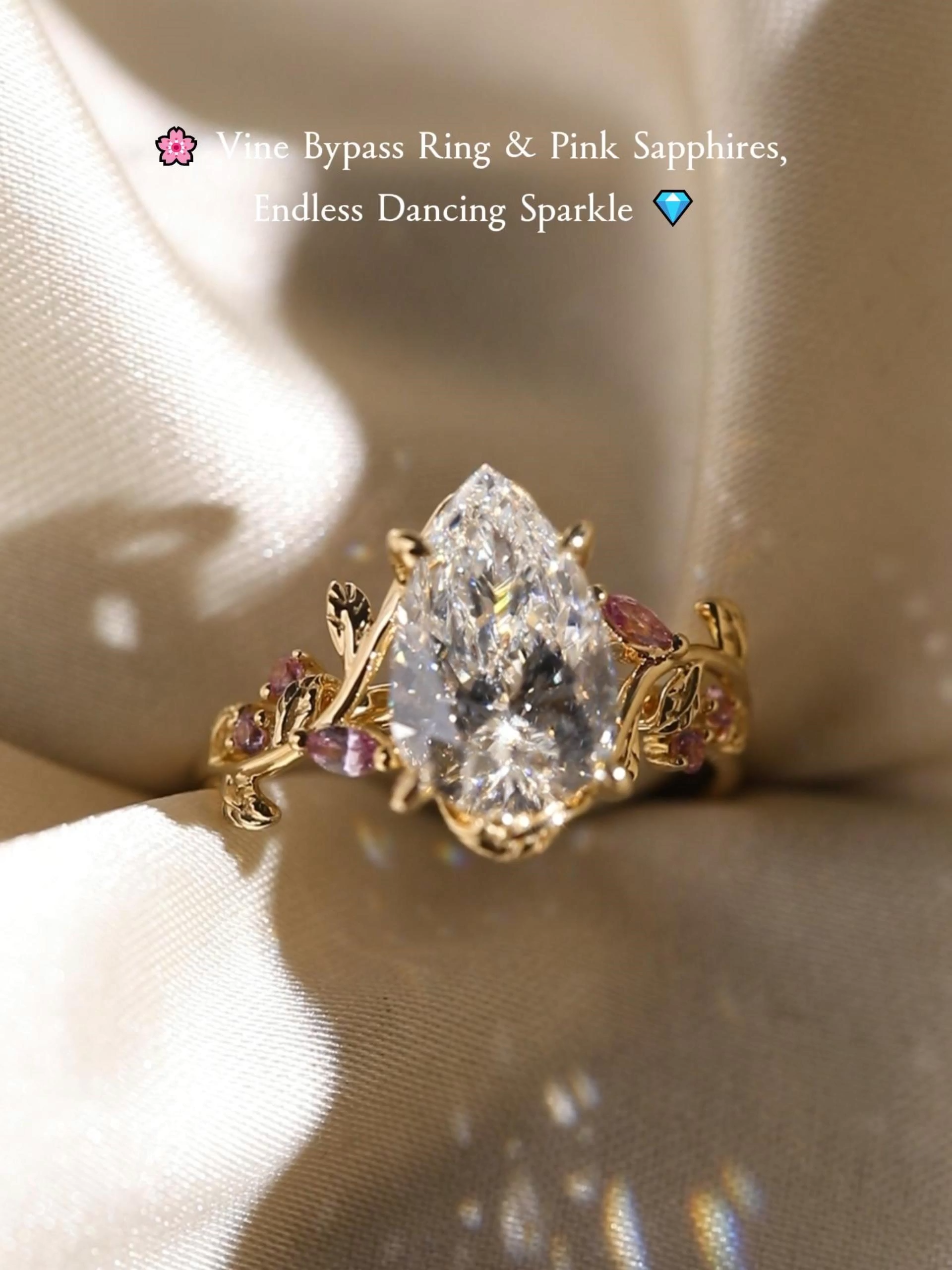 2ct Pear Cut Lab Grown Diamond Vine Bypass Engagement Ring with Lab Pink Sapphire Accents in Yellow Gold