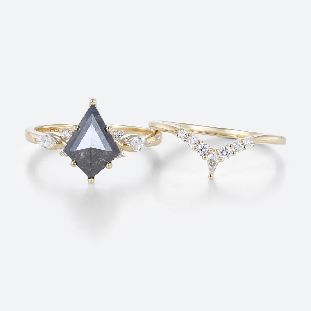 Yellow Gold Kite Cut Salt And Pepper Diamond Ring Bridal Wedding Ring Sets