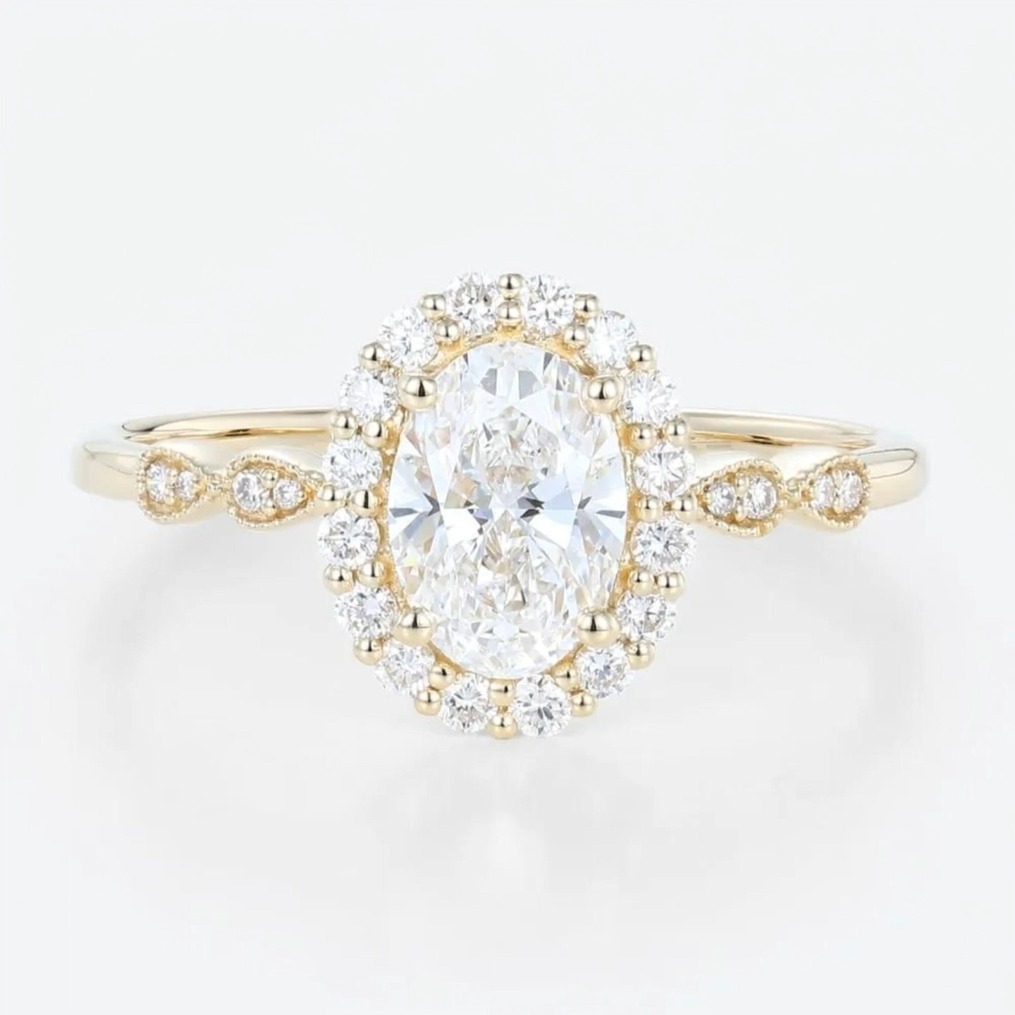 1ct Oval Cut Lab Grown Diamond Milgrain Halo Engagement Ring in Yellow Gold