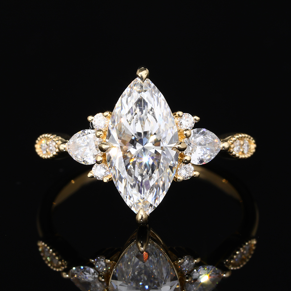 2ct Marquise Cut Lab Grown Diamond Vintage Milgrain Engagement Ring in Yellow Gold