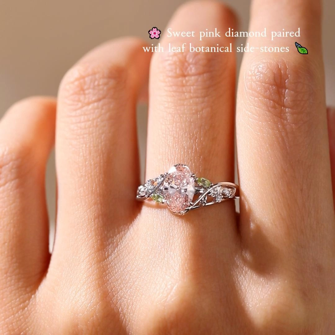 1ct Oval Cut Lab Grown Pink Diamond Botanical Side-Stone Engagement Ring in Yellow Gold