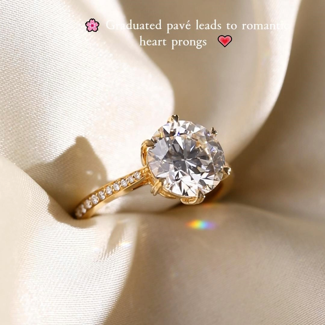 1ct Round Cut Lab Grown Diamond Graduated Pave Engagement Ring Six Heart Prong Setting in White Gold