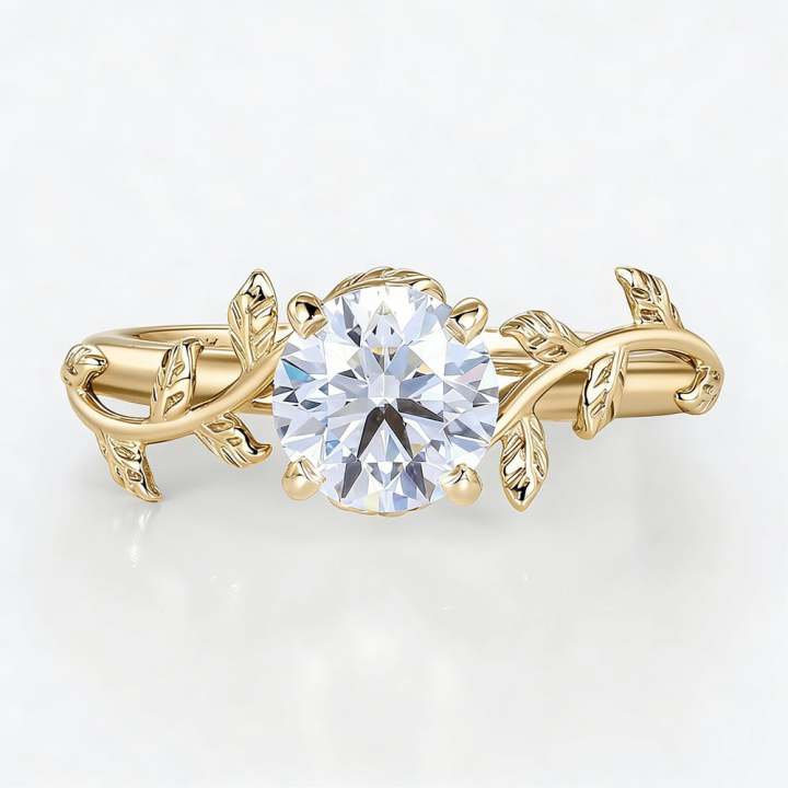 Round lab-grown diamond solitaire with sculpted leaf details in yellow gold