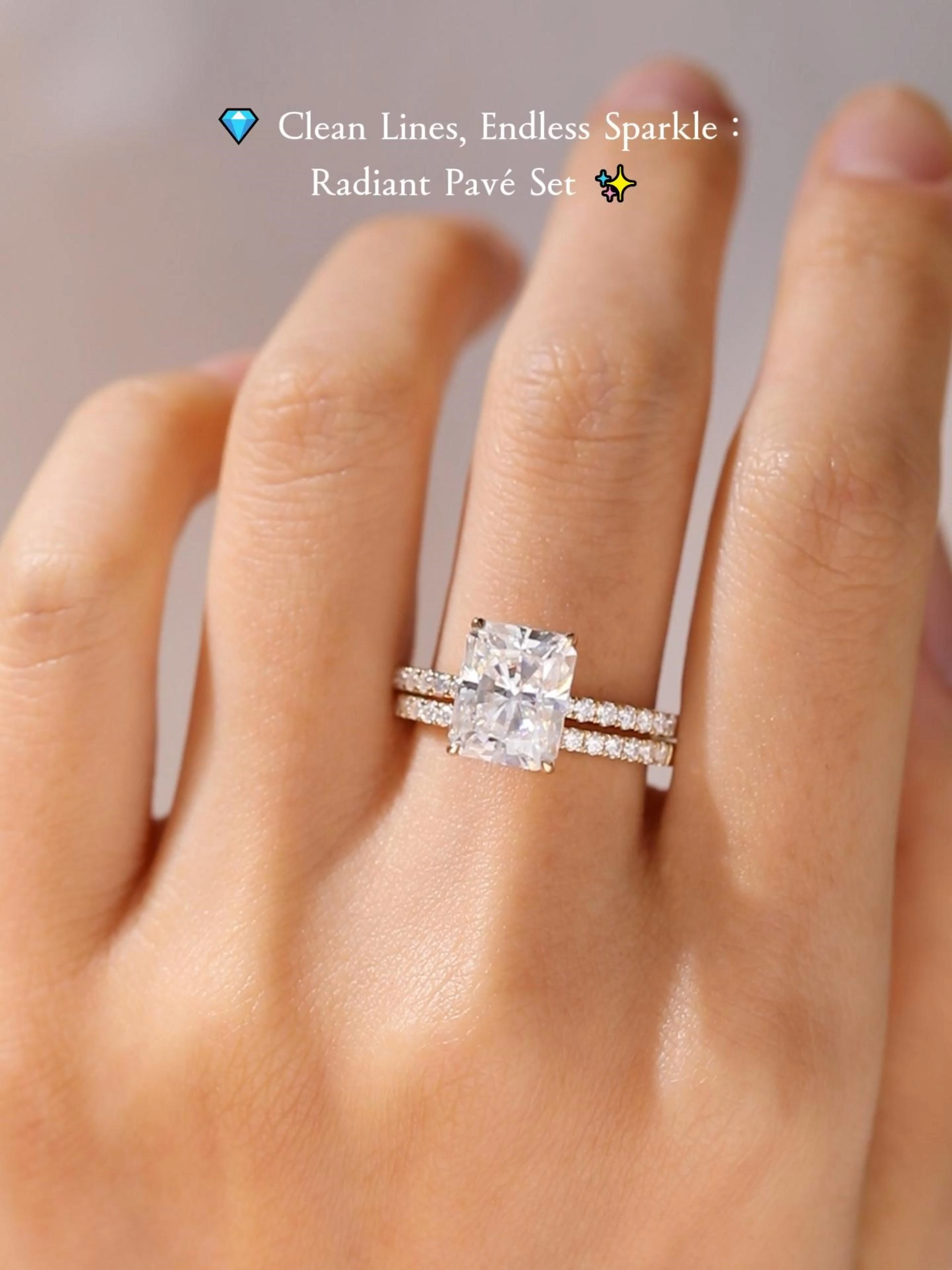 4ct Radiant Cut Lab Grown Diamond Pavé Bridal Ring Set in Yellow Gold
