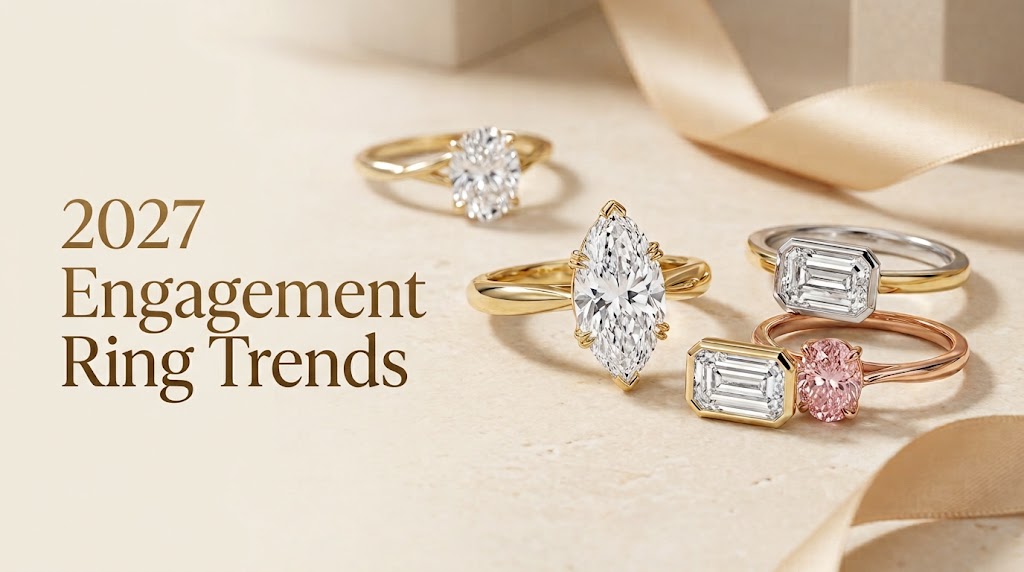 2027 engagement ring trends featuring marquise, east-west emerald, pink lab-grown diamond, and sculptural gold rings.