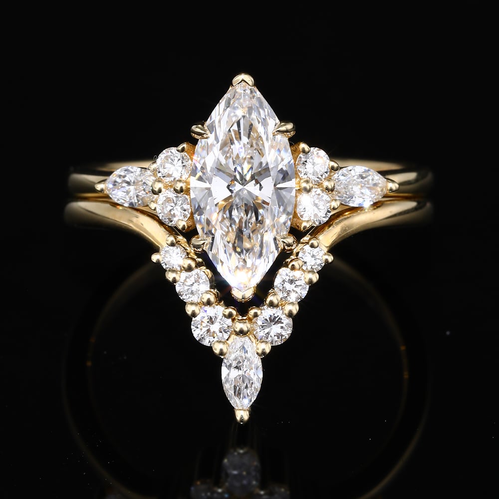1ct Marquise Cut Lab Grown Diamond Six-Prong Cluster Bridal Ring Set in Yellow Gold