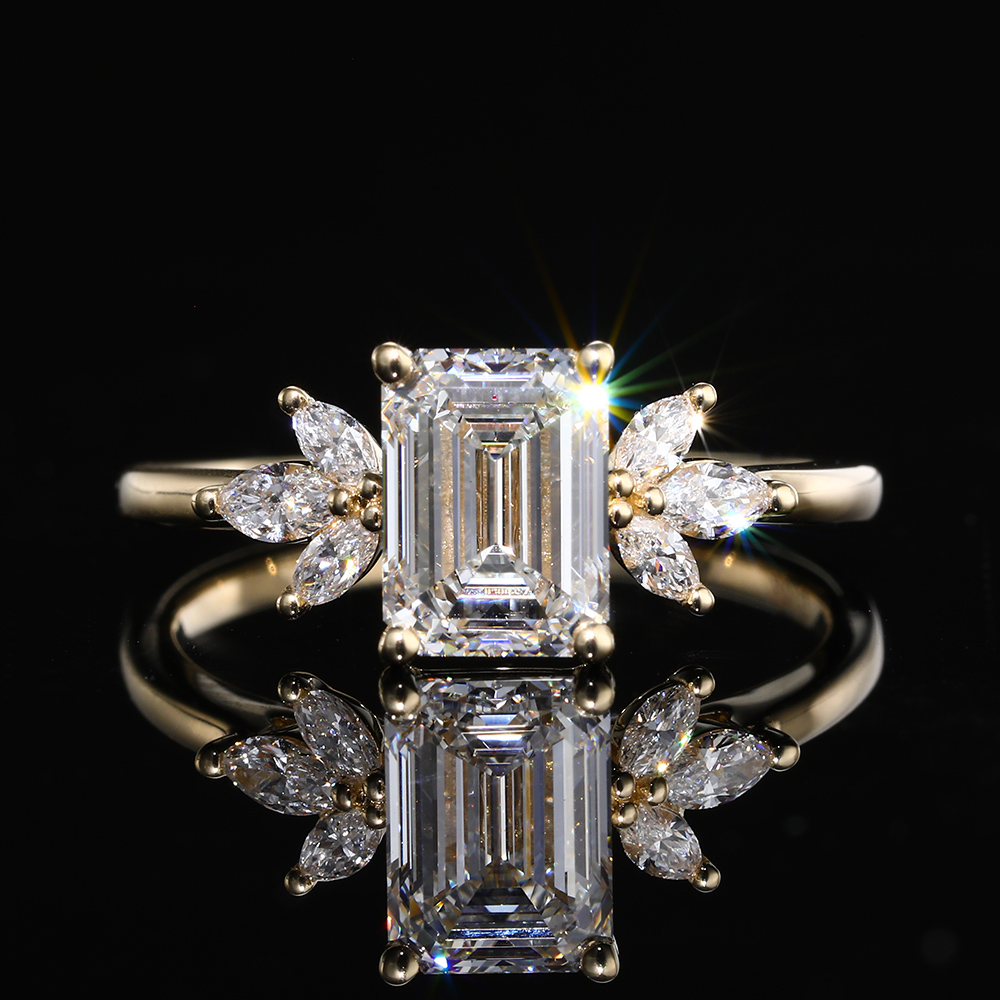 1.5ct Emerald Cut Lab Grown Diamond Marquise Cluster Engagement Ring in Yellow Gold