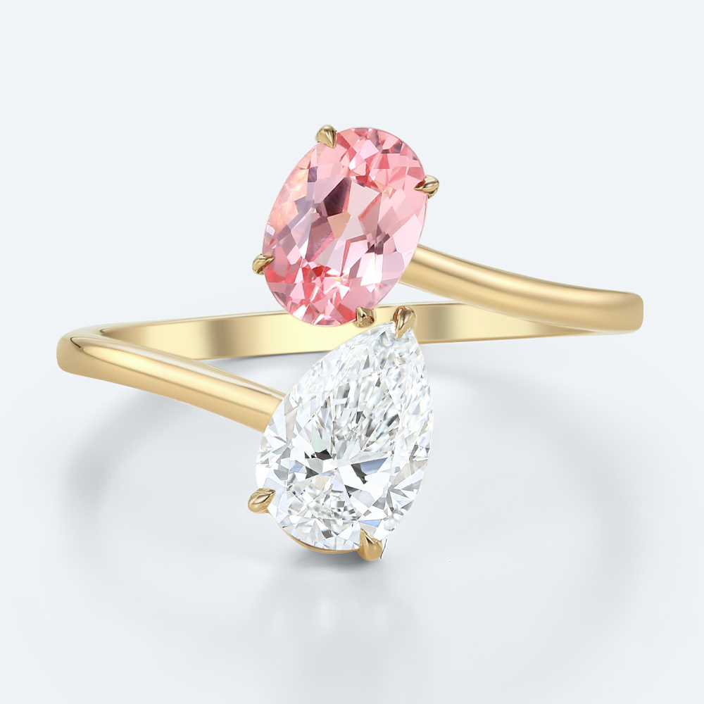 Open Toi et Moi Ring Oval Pink Sapphire Pear Lab Diamond Rings