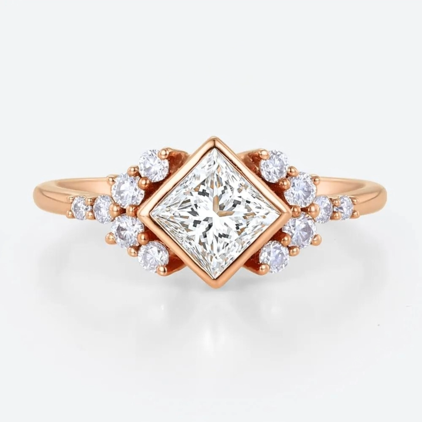 1ct Princess Cut Lab Grown Diamond Architectural Bezel Cluster Engagement Ring in Rose Gold