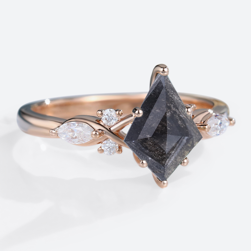 Rose Gold Kite Cut Salt And Pepper Diamond Engagement Rings