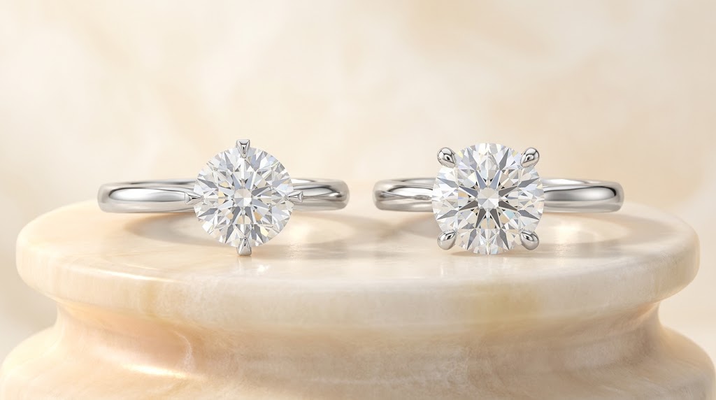 Compass and traditional prong engagement rings shown side by side.
