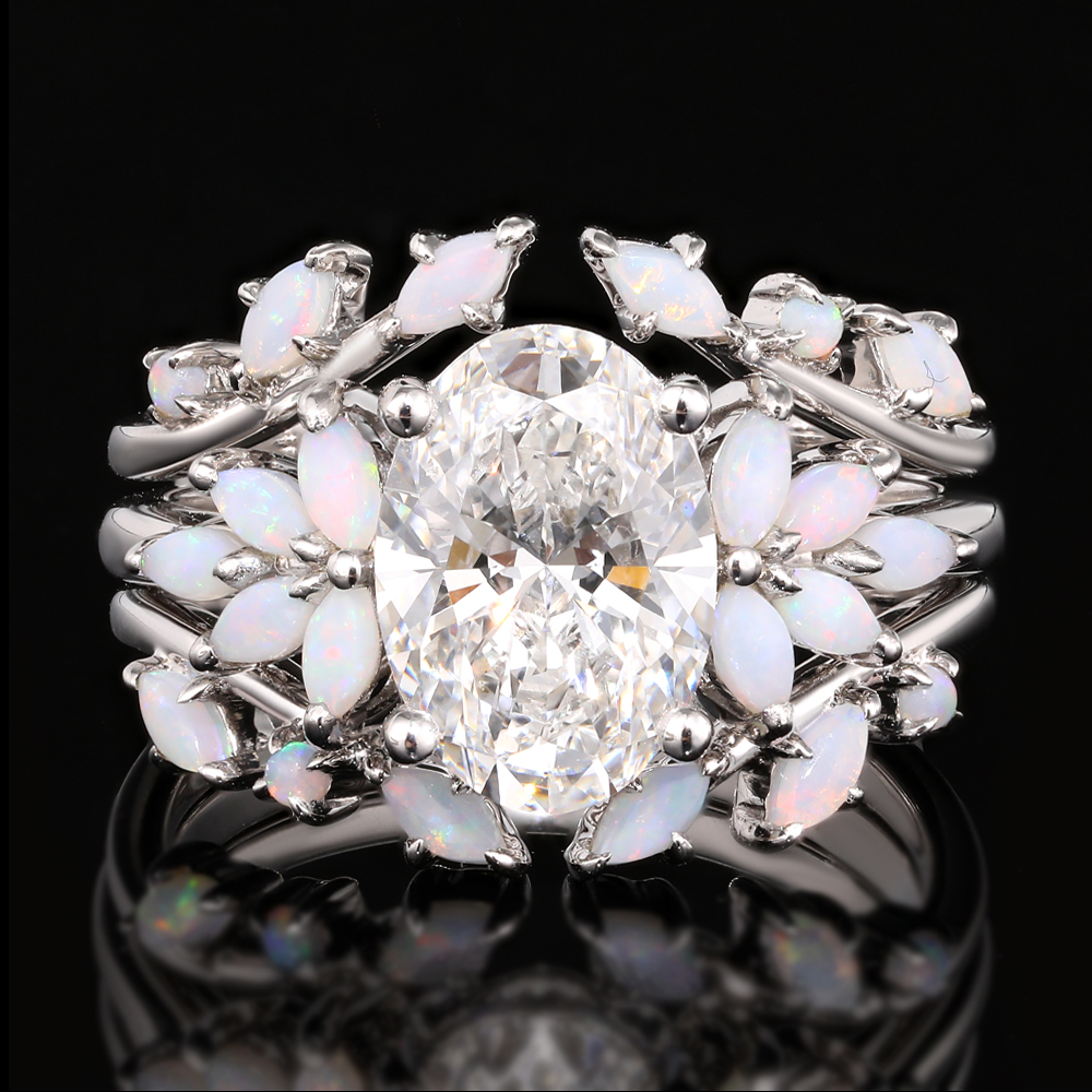 1.5ct Oval Cut Lab Grown Diamond Petal Cluster Bridal Ring Set in White Gold