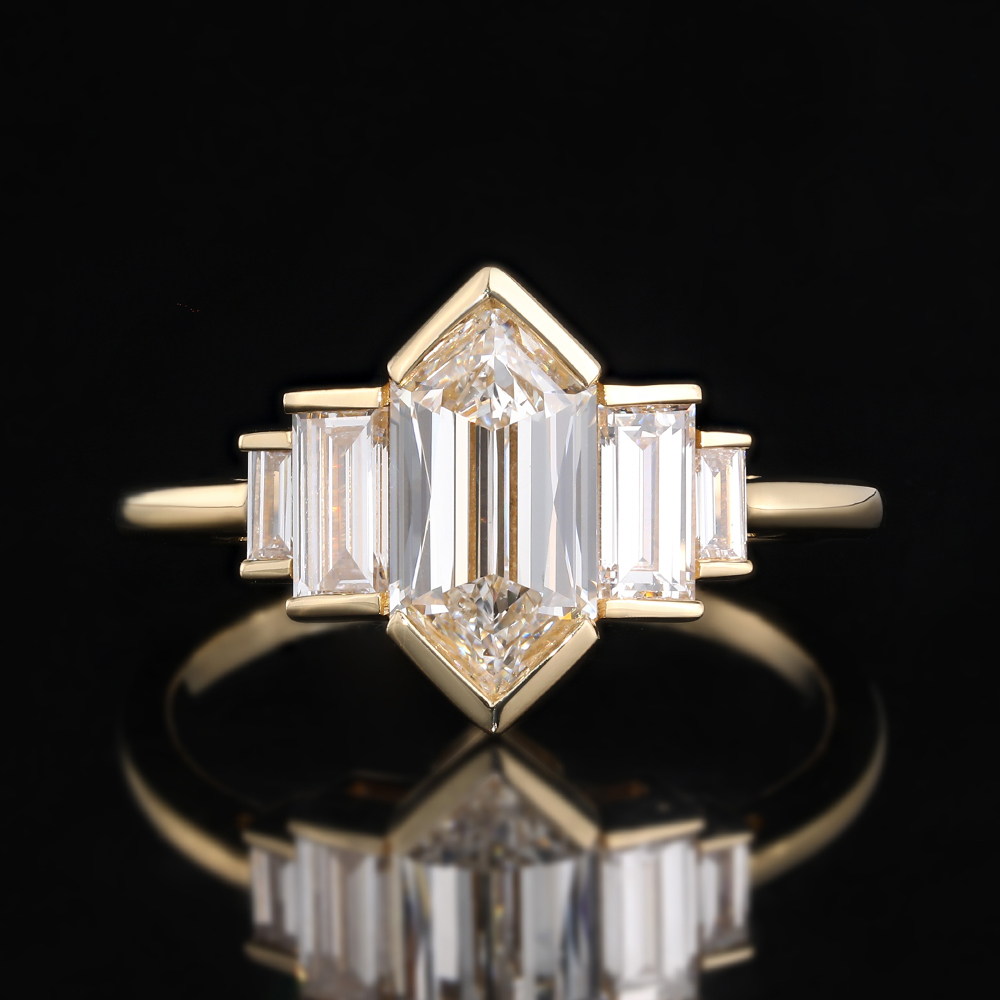 1.5ct Elongated Hexagon Cut Lab Grown Diamond Baguette Bezel Engagement Ring in Yellow Gold