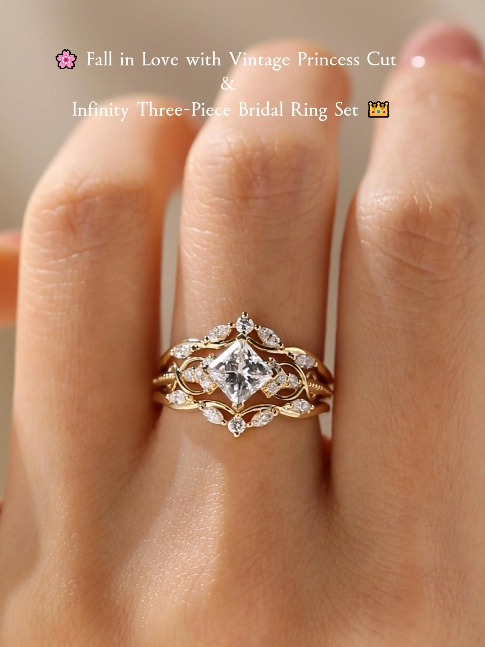 1ct Princess Cut Lab Grown Diamond Infinity Three-Piece Bridal Ring Set in Yellow Gold