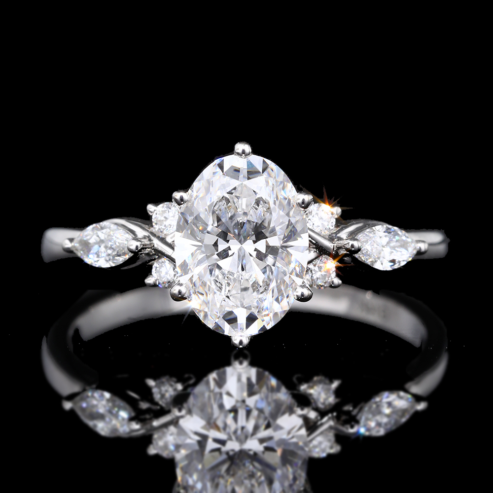 1.5ct Oval Cut Lab Grown Diamond Winged Marquise Cluster Engagement Ring in White Gold
