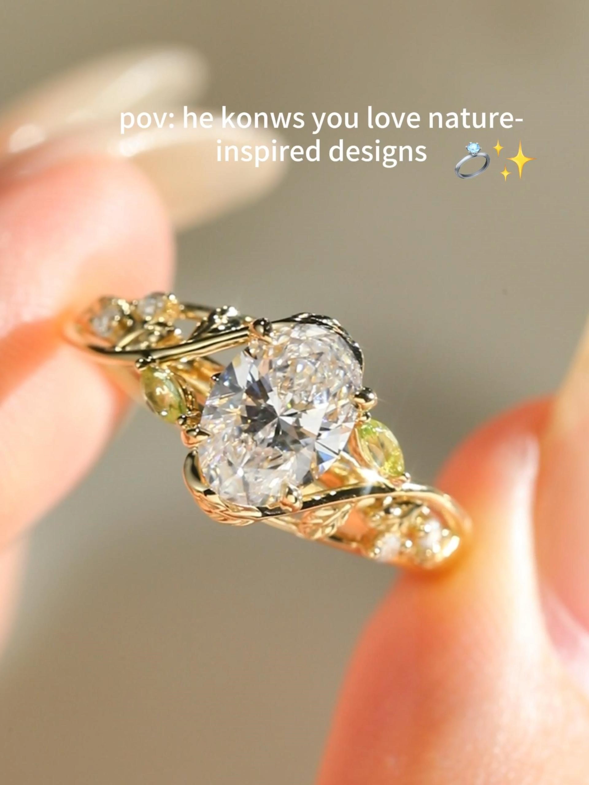 1ct Oval Cut Lab Grown Diamond Botanical Side-Stone Engagement Ring in Yellow Gold
