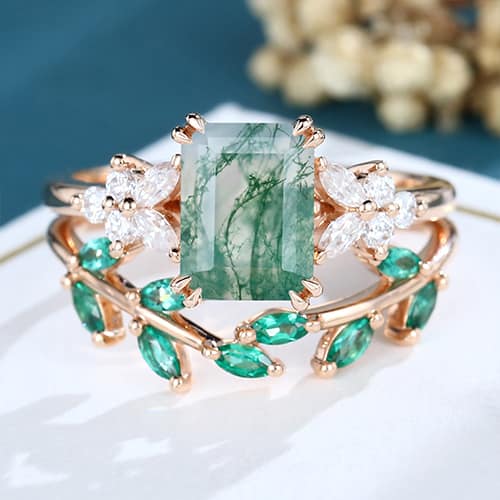emerald cut moss agate ring
