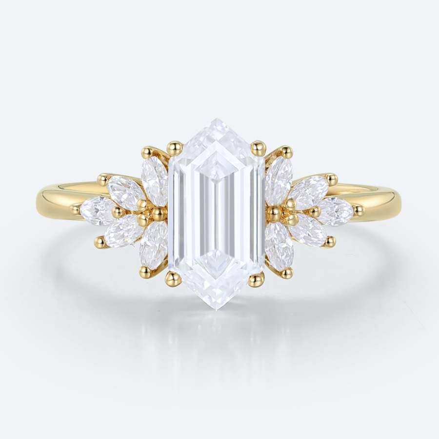 Elongated hexagon lab-grown diamond marquise floral cluster engagement ring in yellow gold