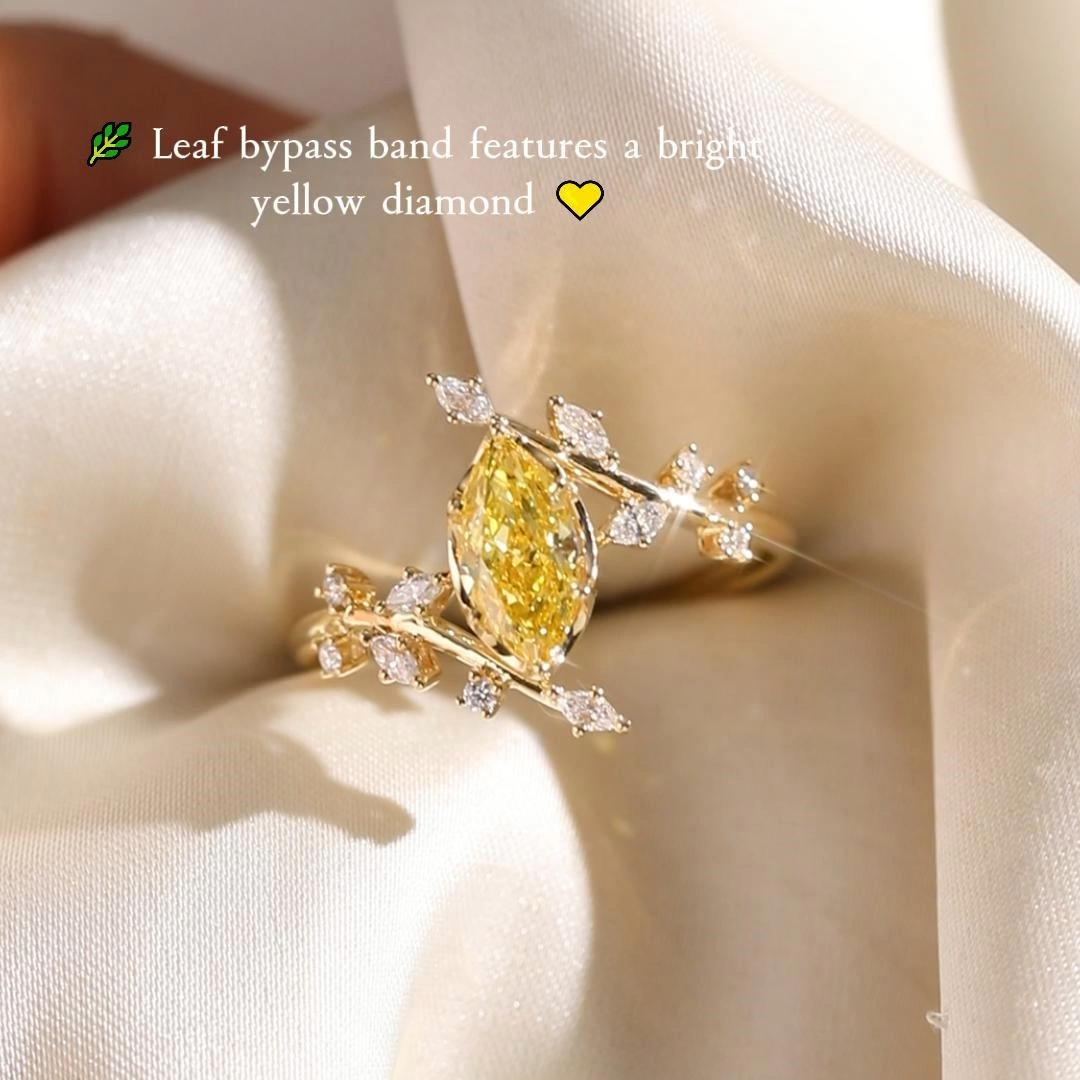 1ct Marquise Cut Lab Grown Yellow Diamond Leaf Bypass Engagement Ring in Yellow Gold