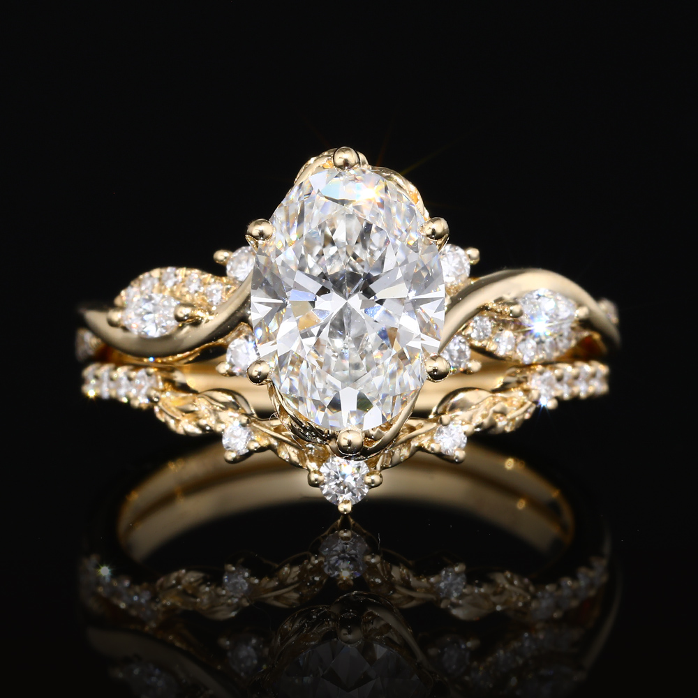 2ct Oval Cut Lab Grown Diamond Twisted Vine Bridal Ring Set in Yellow Gold