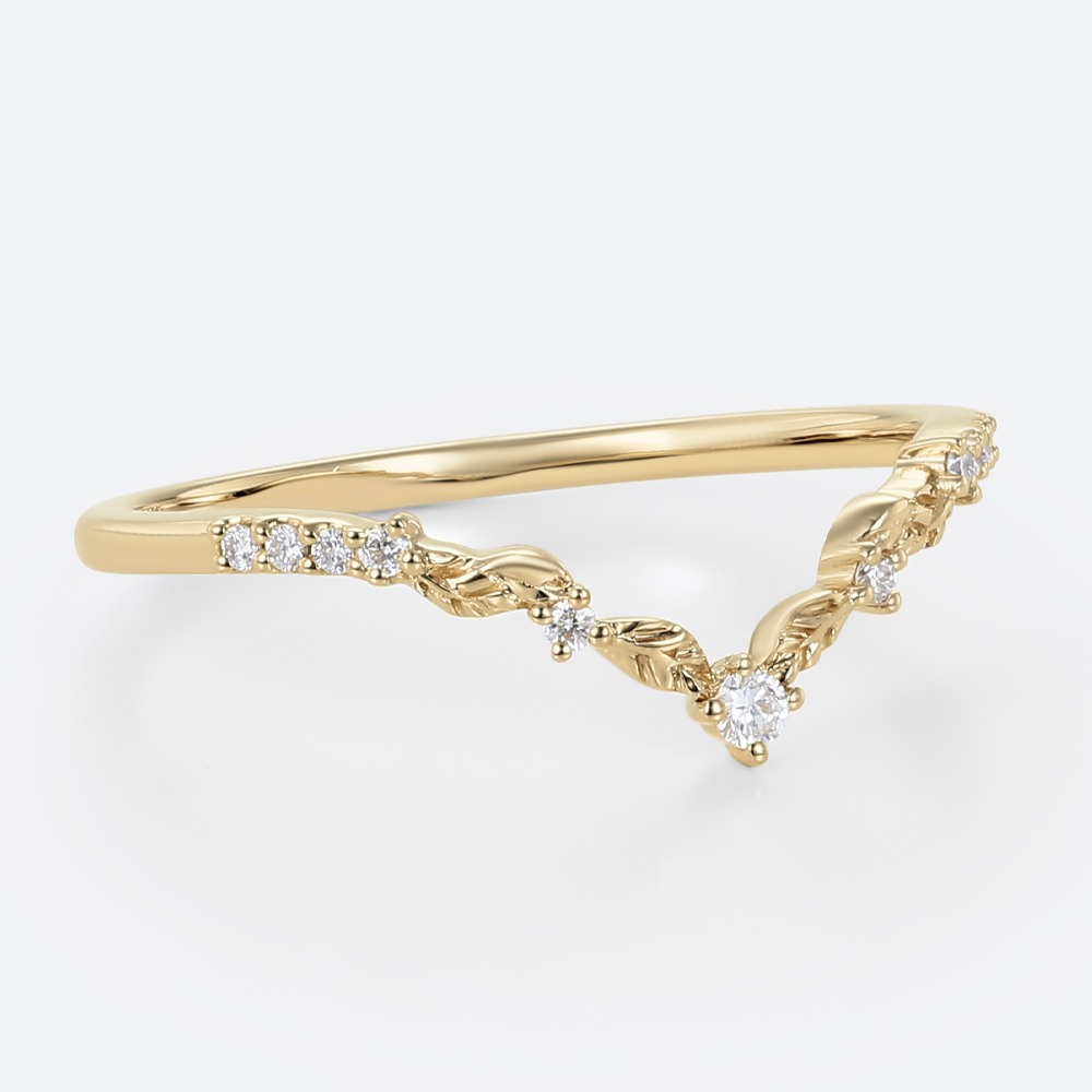 Round Cut Lab Grown Diamond V-Shaped Leaf Wedding Band in Yellow Gold