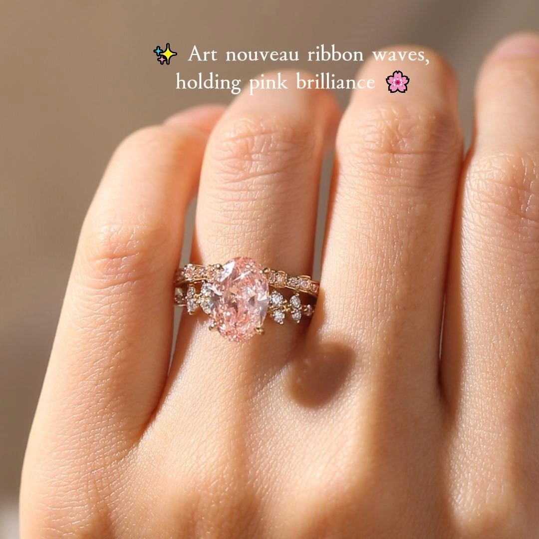 3ct Oval-Cut Lab-Grown Pink Diamond Ribbon-Accented Art Nouveau Engagement Ring in Yellow Gold