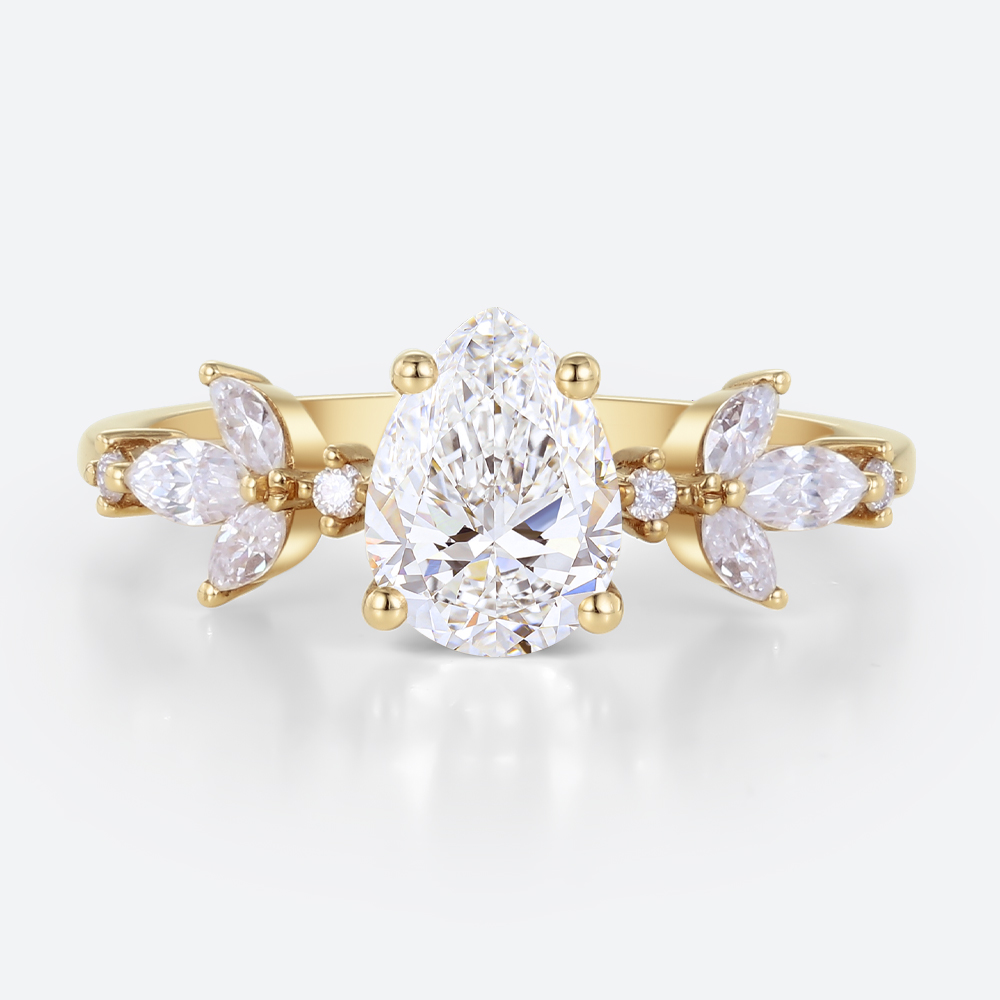 Pear Cut Lab Diamond Engagement Ring with Leafy Side Stones in Yellow Gold