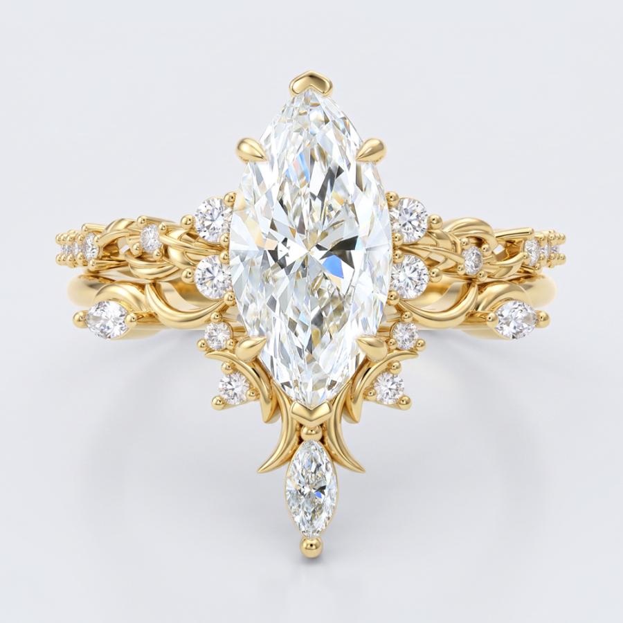 Marquise lab-grown diamond nature-themed bridal ring set in yellow gold