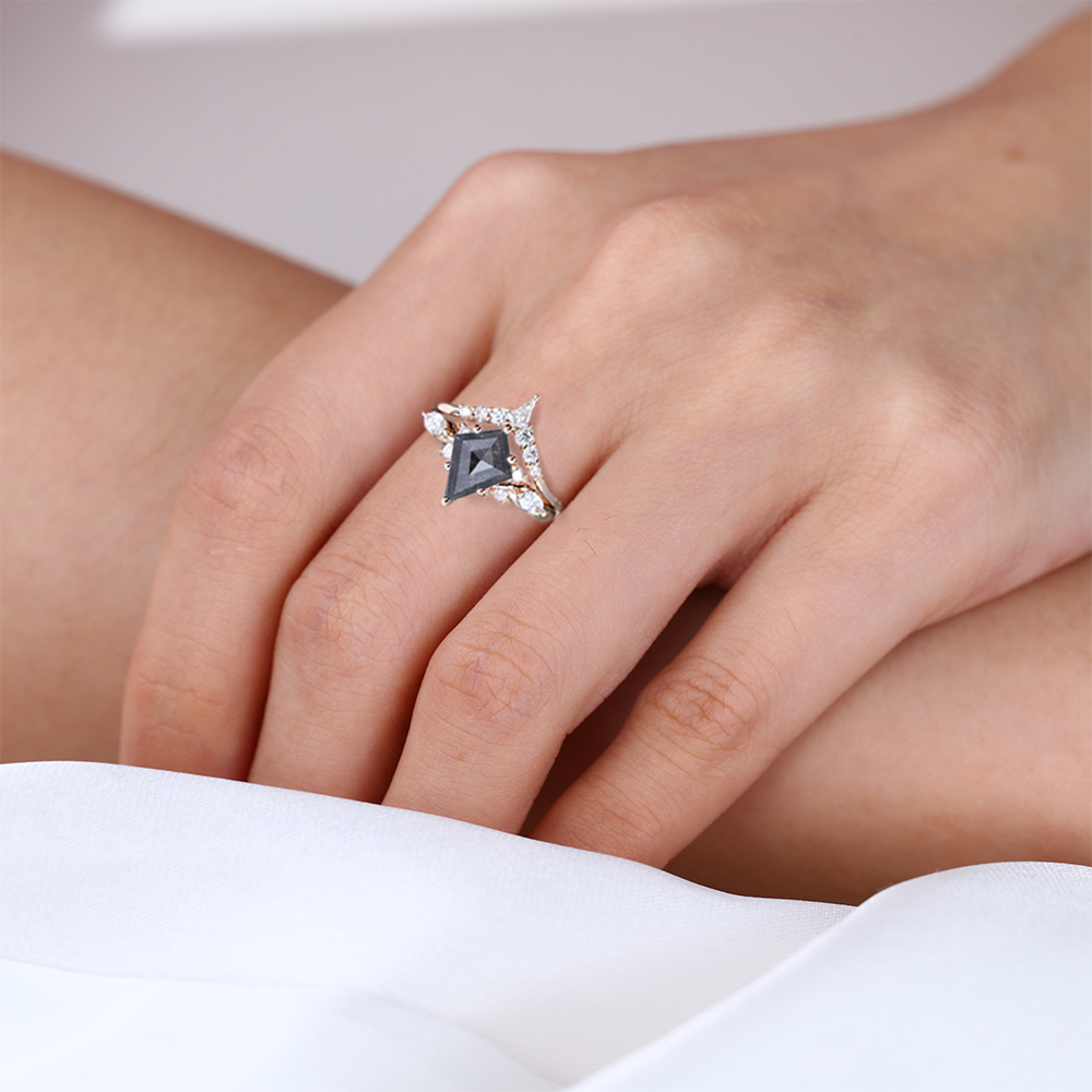 Rose Gold Kite Cut Salt and Pepper Diamond Ring 1.5ct Cluster Bridal Ring Set