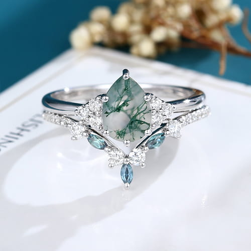 pear cut moss agate ring