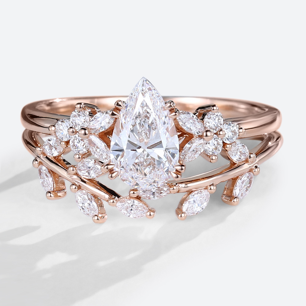 Pear Shaped Lab Diamond with Curved Wedding Bands Set
