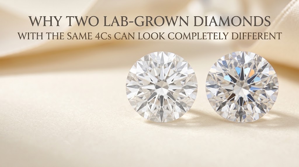 Two round lab-grown diamonds photographed side by side with subtle differences in brightness and light pattern