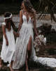 White A-Line Spaghetti Lace Beach Boho Wedding Dress with Split