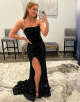 Sheath Strapless Sequin Black Prom Dress with Split