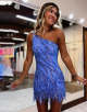 One Shoulder Blue Tight Sparkly Homecoming Dress with Fringes