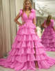 Hot Pink A Line V Neck Long Tiered Prom Dress