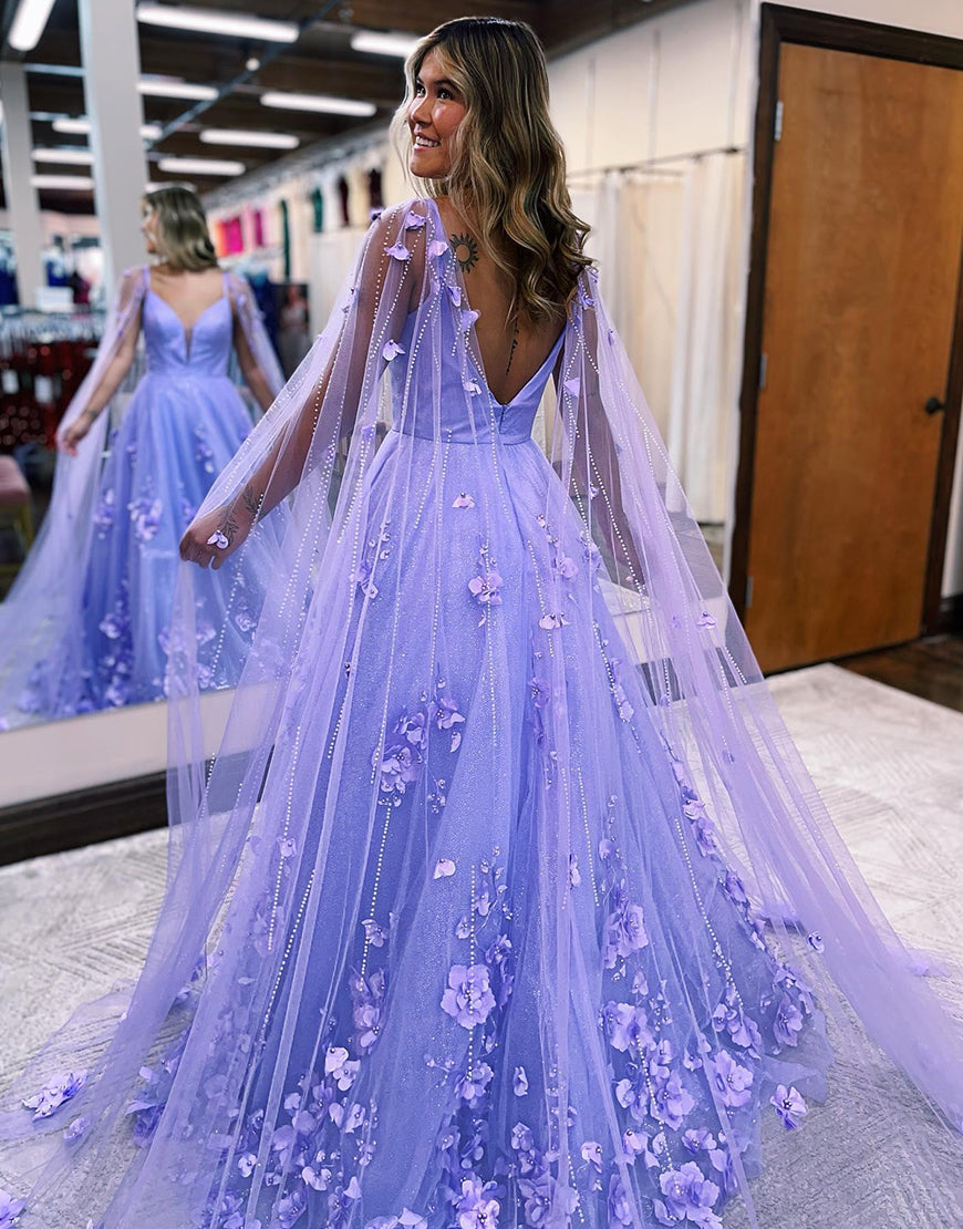 Lavender Prom Dress with 3d Flowers