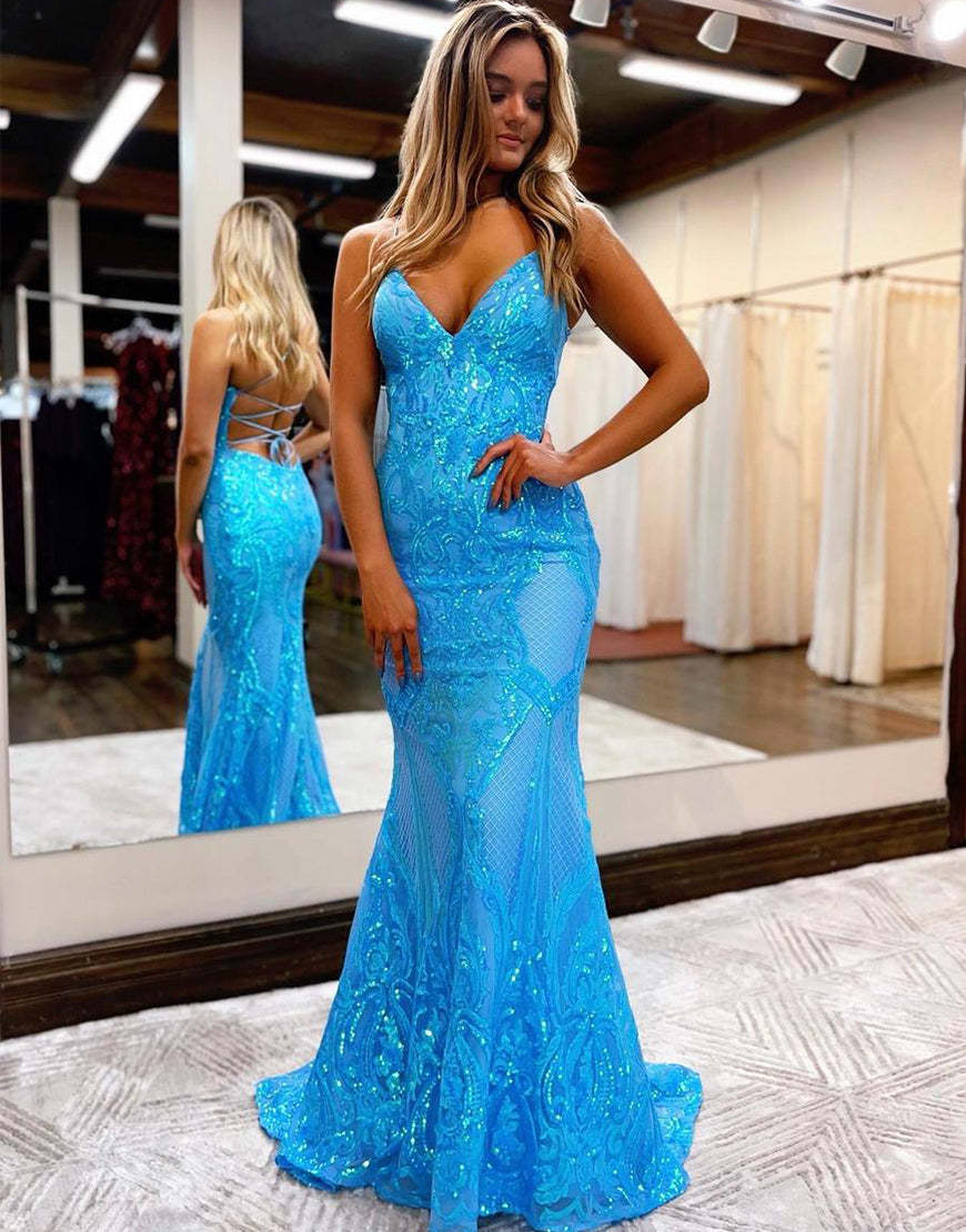 blue mermaid long prom dress