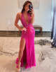 Sex Halter Mermaid Crystal Slit Prom Dress with Sweep Train