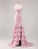 Mermaid Blush Strapless Bateau Neck Cascading Ruffles Prom Dress