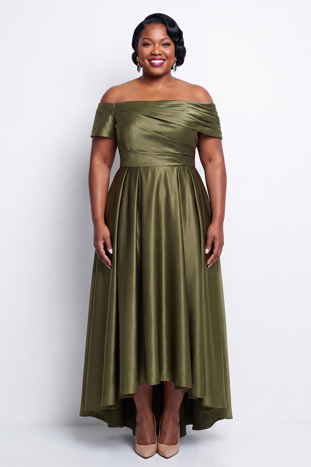 Dressself Women Olive A-Line Mother Of Bride Dress Off the Shoulder Satin High Low Ruched Wedding Guest Dress