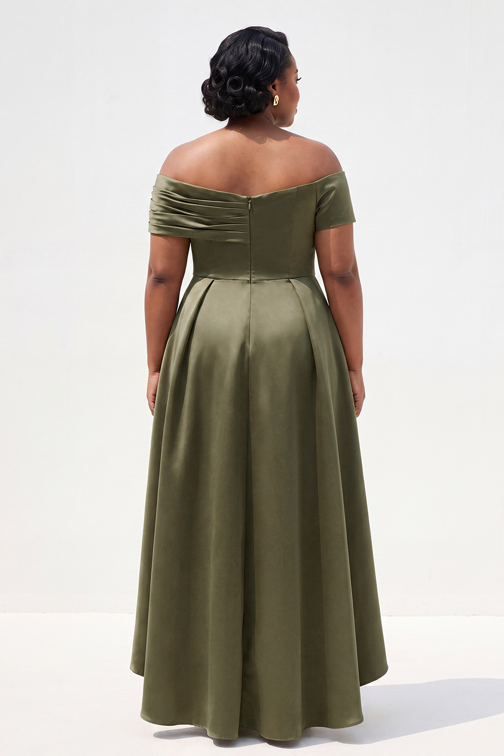 Olive Off the Shoulder A-Line Satin High Low Ruched Mother Of Bride Dress