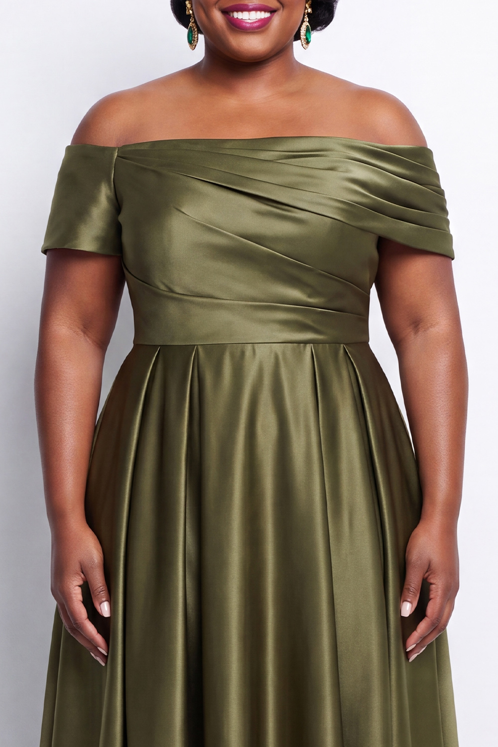 Olive Off the Shoulder A-Line Satin High Low Ruched Mother Of Bride Dress