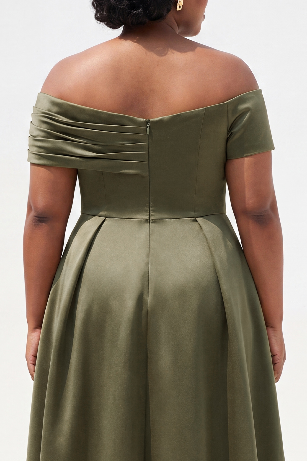 Olive Off the Shoulder A-Line Satin High Low Ruched Mother Of Bride Dress