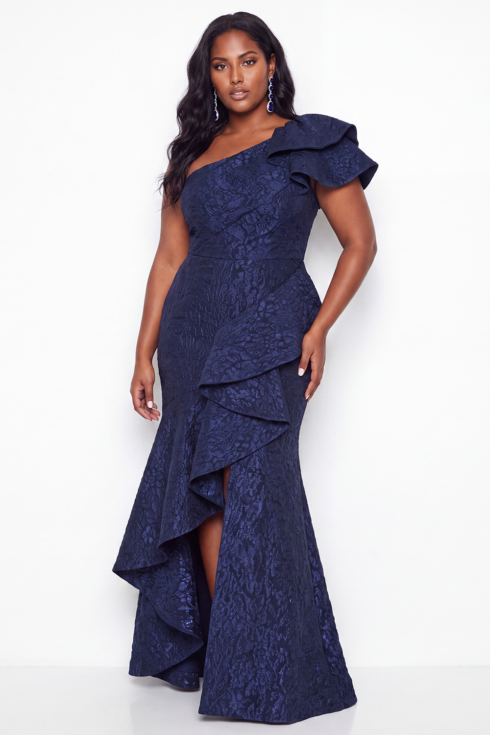 Dressself Women Navy Mermaid Mother Of Bride Dress One Shoulder Ruffled Jacquard Wedding Guest Dress