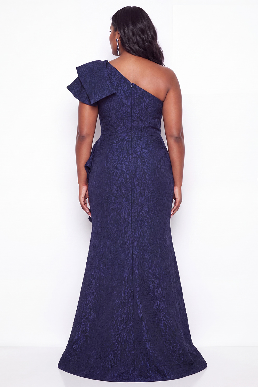 Navy Mermaid One Shoulder Ruffled Jacquard Long Mother of the Bride Dress with Slit
