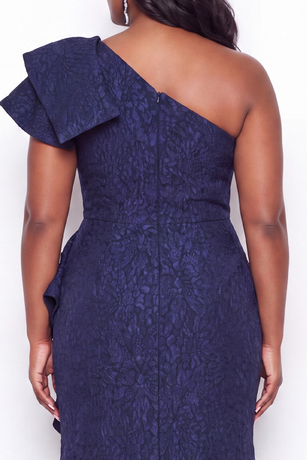 Navy Mermaid One Shoulder Ruffled Jacquard Long Mother of the Bride Dress with Slit